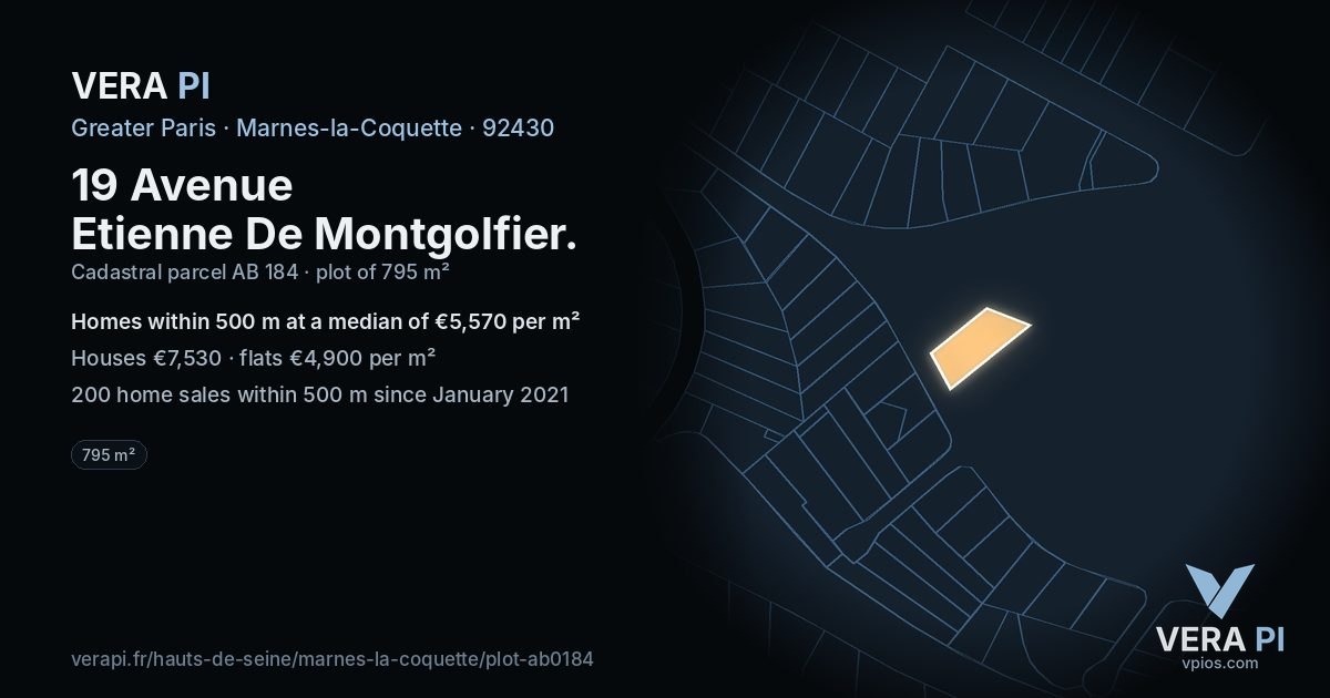 19 Avenue Etienne De Montgolfier, Marnes-la-Coquette at night – the plot lit, the parcels around coloured by the prices near them