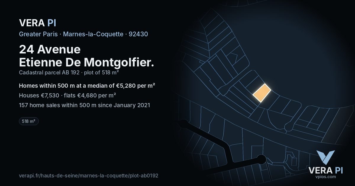 24 Avenue Etienne De Montgolfier, Marnes-la-Coquette at night – the plot lit, the parcels around coloured by the prices near them