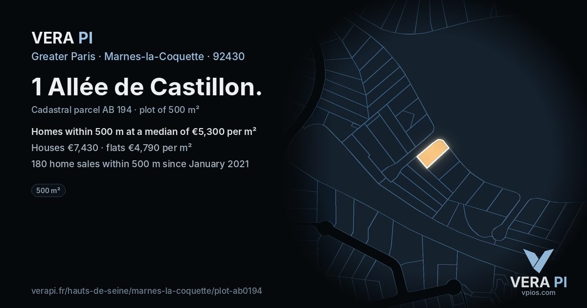 1 Allée de Castillon, Marnes-la-Coquette at night – the plot lit, the parcels around coloured by the prices near them