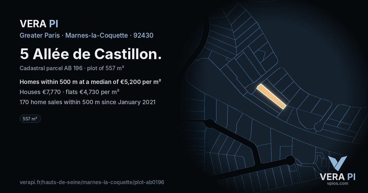 5 Allée de Castillon, Marnes-la-Coquette at night – the plot lit, the parcels around coloured by the prices near them