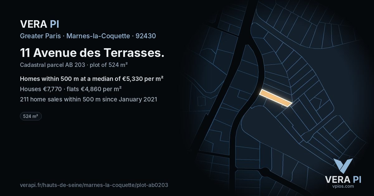 11 Avenue des Terrasses, Marnes-la-Coquette at night – the plot lit, the parcels around coloured by the prices near them