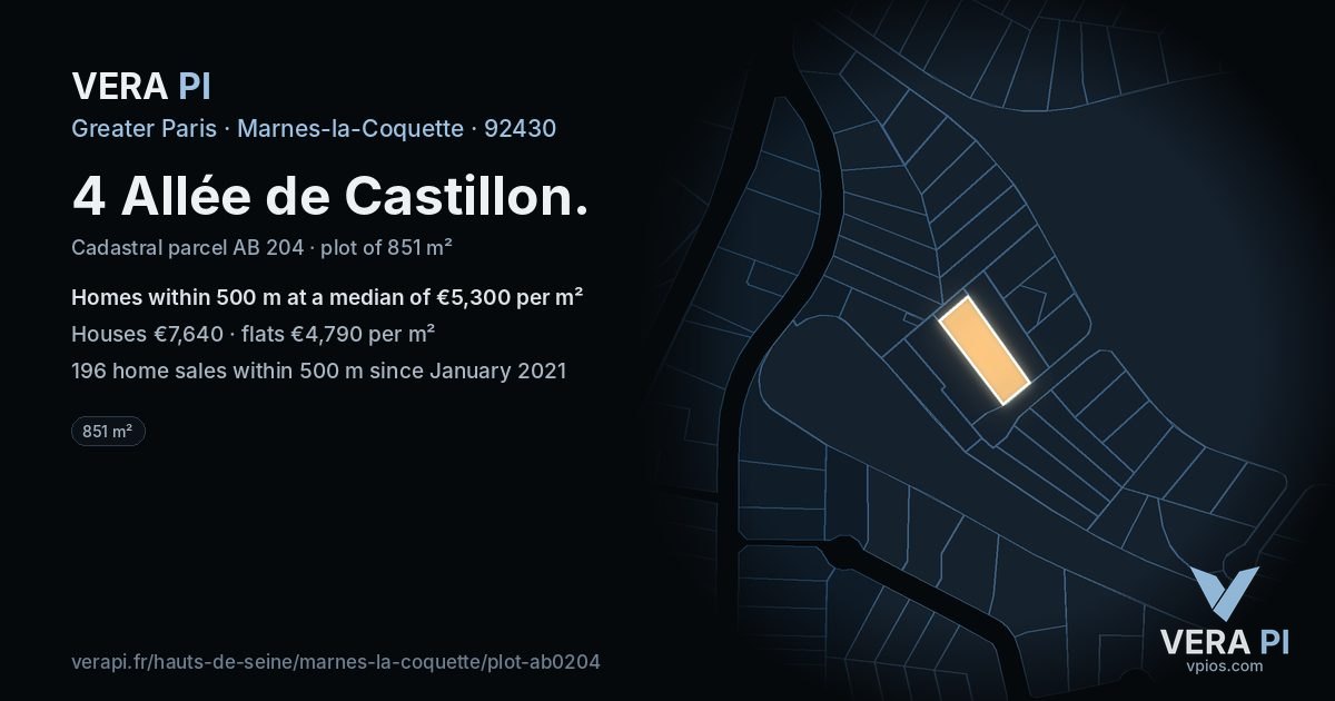 4 Allée de Castillon, Marnes-la-Coquette at night – the plot lit, the parcels around coloured by the prices near them