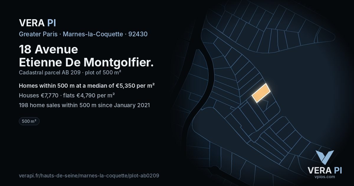 18 Avenue Etienne De Montgolfier, Marnes-la-Coquette at night – the plot lit, the parcels around coloured by the prices near them