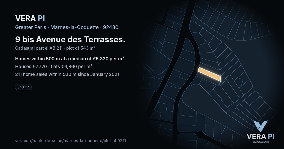 9 bis Avenue des Terrasses, Marnes-la-Coquette at night – the plot lit, the parcels around coloured by the prices near them