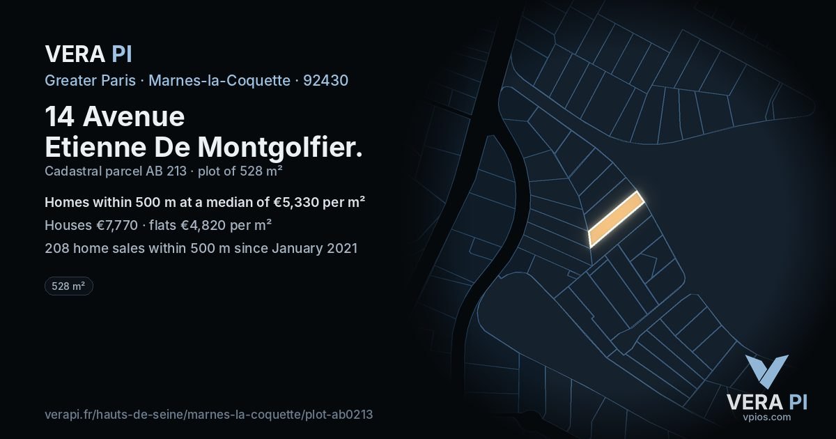 14 Avenue Etienne De Montgolfier, Marnes-la-Coquette at night – the plot lit, the parcels around coloured by the prices near them