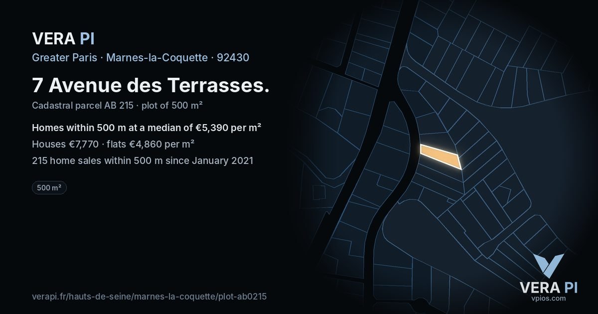 7 Avenue des Terrasses, Marnes-la-Coquette at night – the plot lit, the parcels around coloured by the prices near them