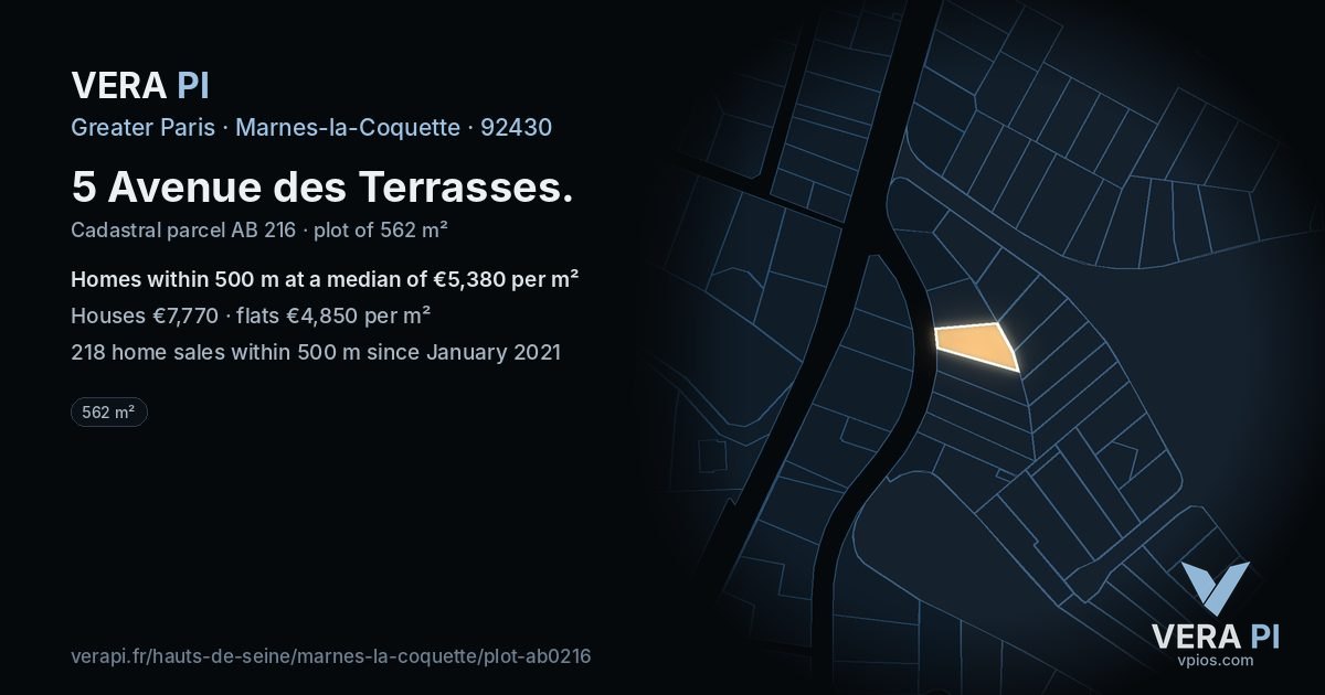 5 Avenue des Terrasses, Marnes-la-Coquette at night – the plot lit, the parcels around coloured by the prices near them