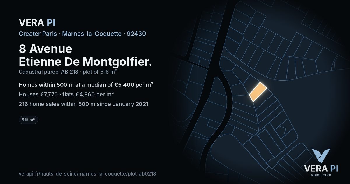 8 Avenue Etienne De Montgolfier, Marnes-la-Coquette at night – the plot lit, the parcels around coloured by the prices near them