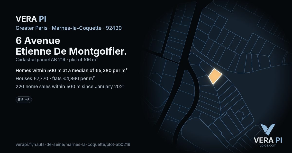6 Avenue Etienne De Montgolfier, Marnes-la-Coquette at night – the plot lit, the parcels around coloured by the prices near them