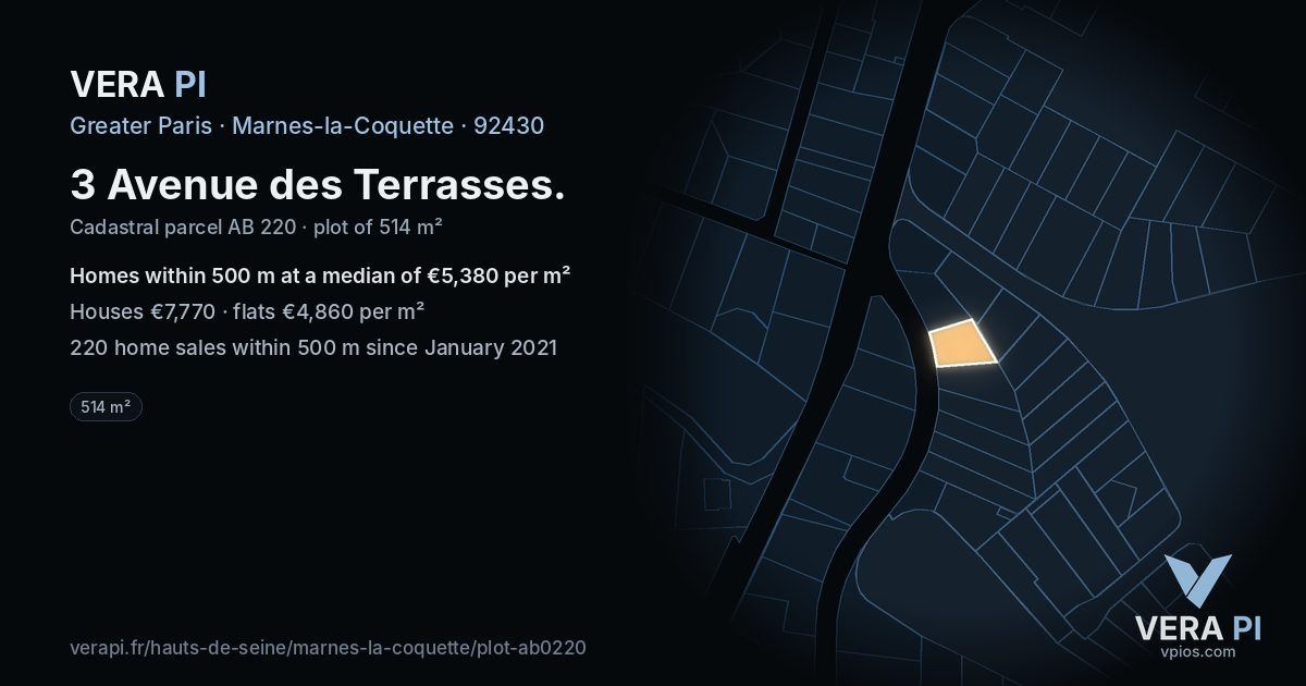 3 Avenue des Terrasses, Marnes-la-Coquette at night – the plot lit, the parcels around coloured by the prices near them