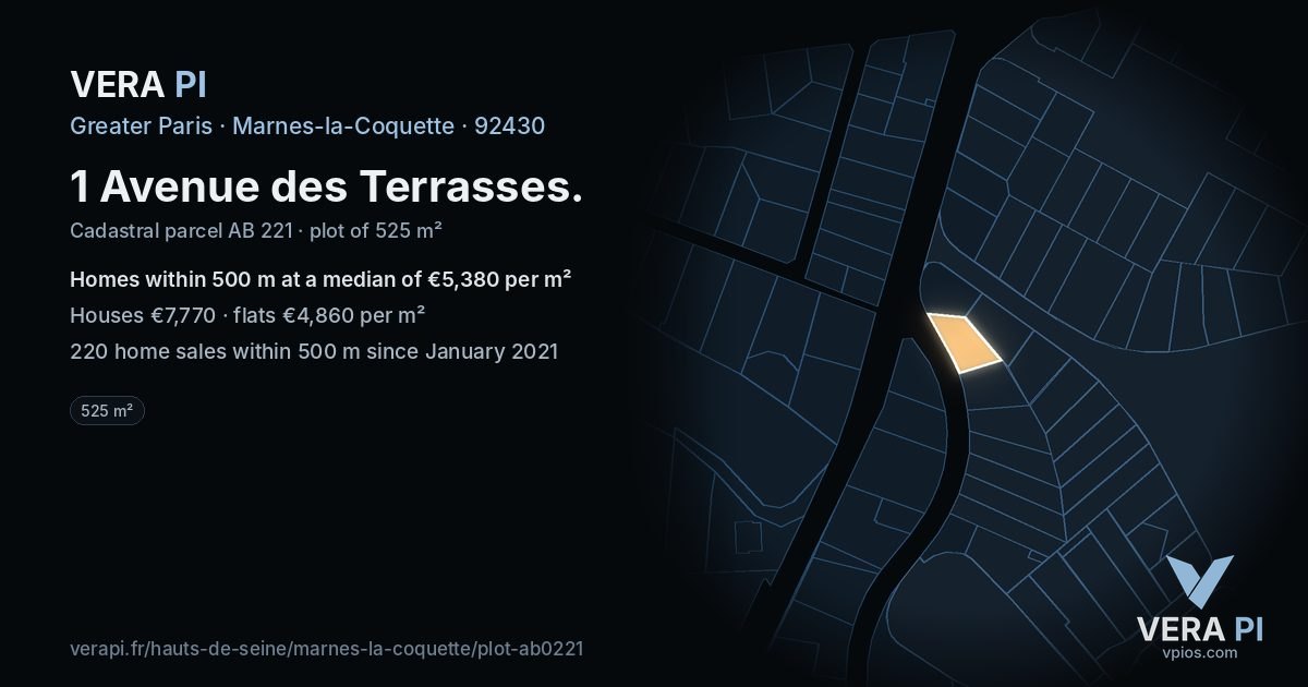 1 Avenue des Terrasses, Marnes-la-Coquette at night – the plot lit, the parcels around coloured by the prices near them