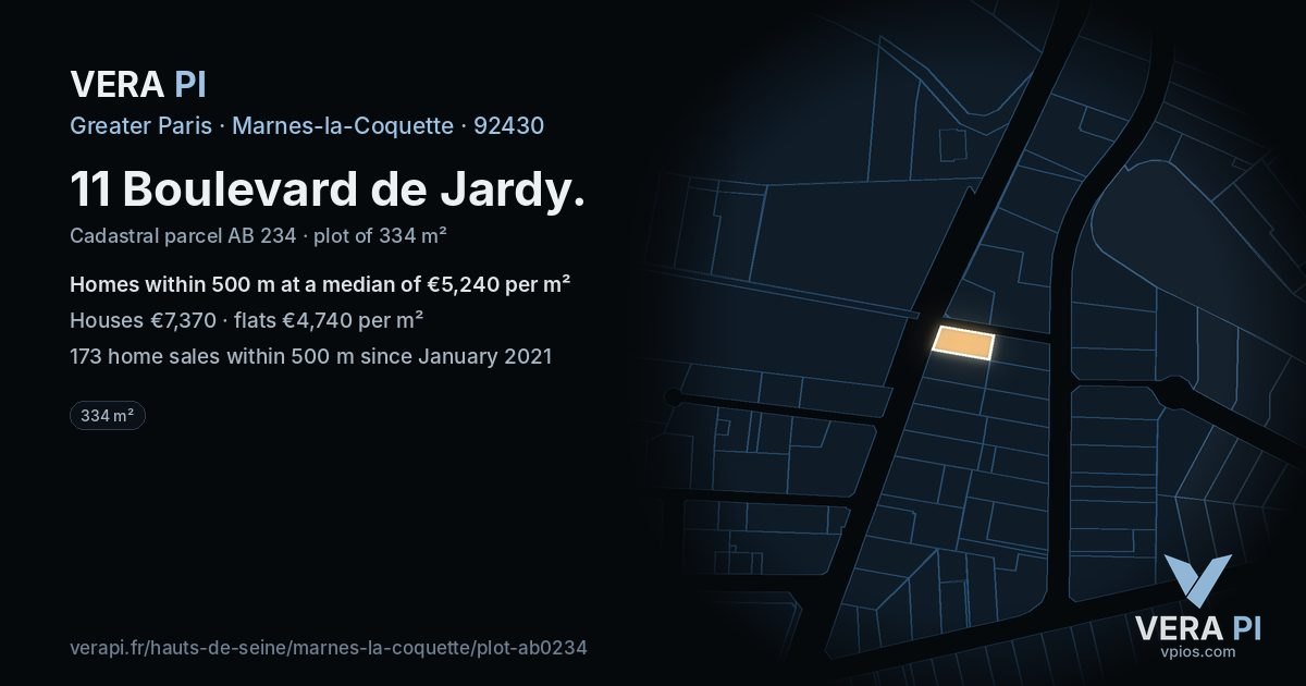 11 Boulevard de Jardy, Marnes-la-Coquette at night – the plot lit, the parcels around coloured by the prices near them