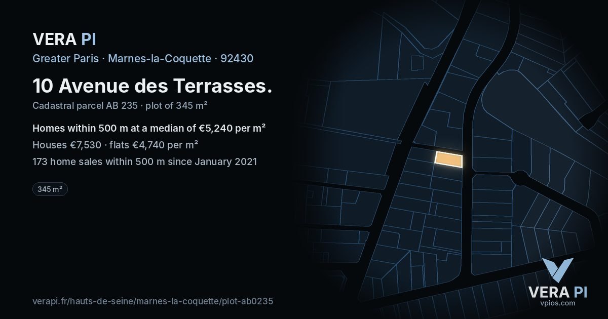 10 Avenue des Terrasses, Marnes-la-Coquette at night – the plot lit, the parcels around coloured by the prices near them