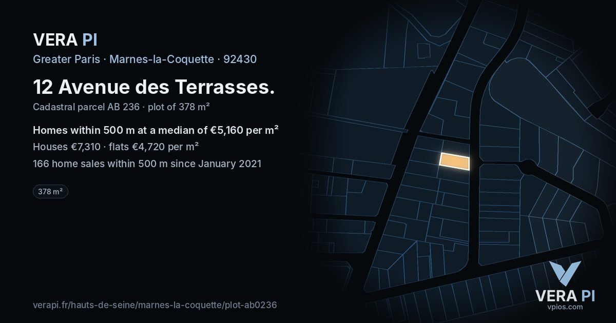 12 Avenue des Terrasses, Marnes-la-Coquette at night – the plot lit, the parcels around coloured by the prices near them