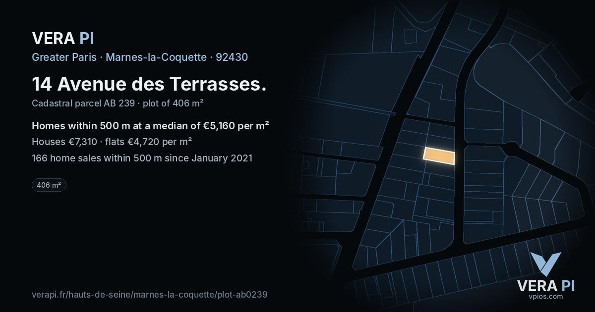 14 Avenue des Terrasses, Marnes-la-Coquette at night – the plot lit, the parcels around coloured by the prices near them