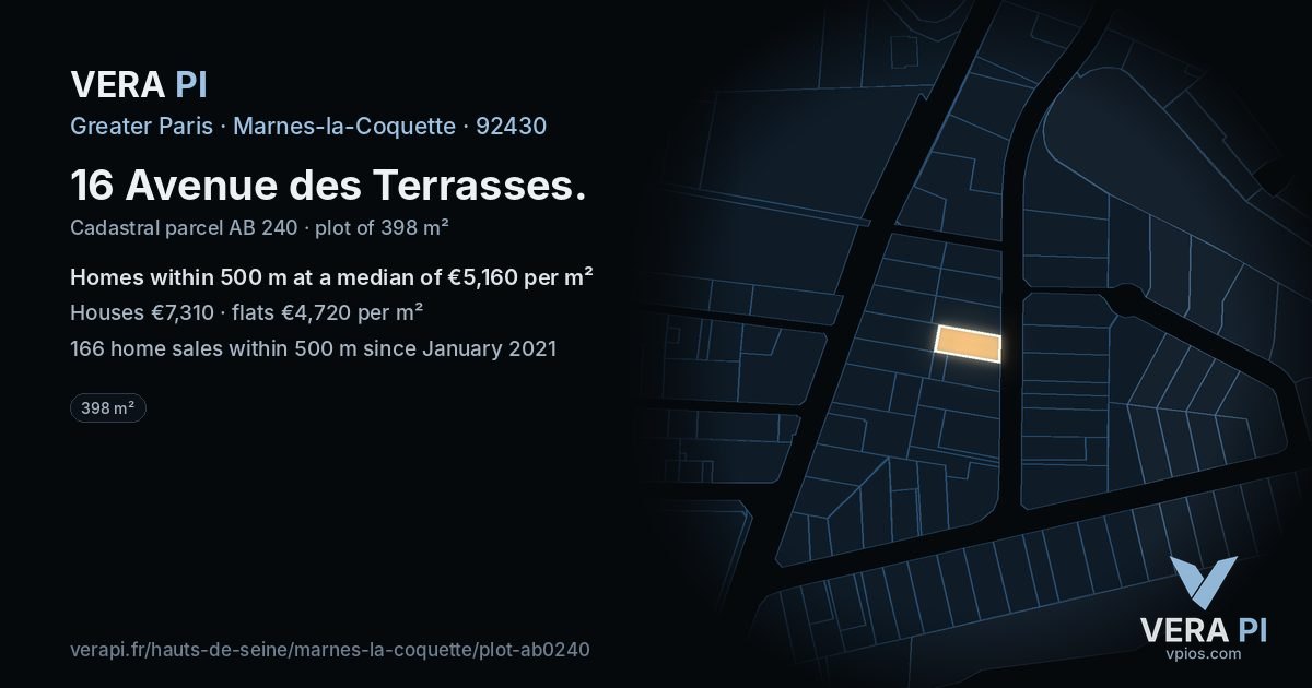 16 Avenue des Terrasses, Marnes-la-Coquette at night – the plot lit, the parcels around coloured by the prices near them