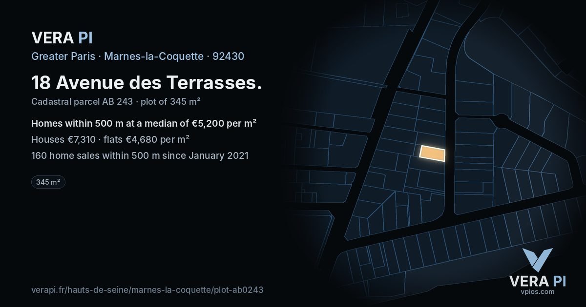 18 Avenue des Terrasses, Marnes-la-Coquette at night – the plot lit, the parcels around coloured by the prices near them
