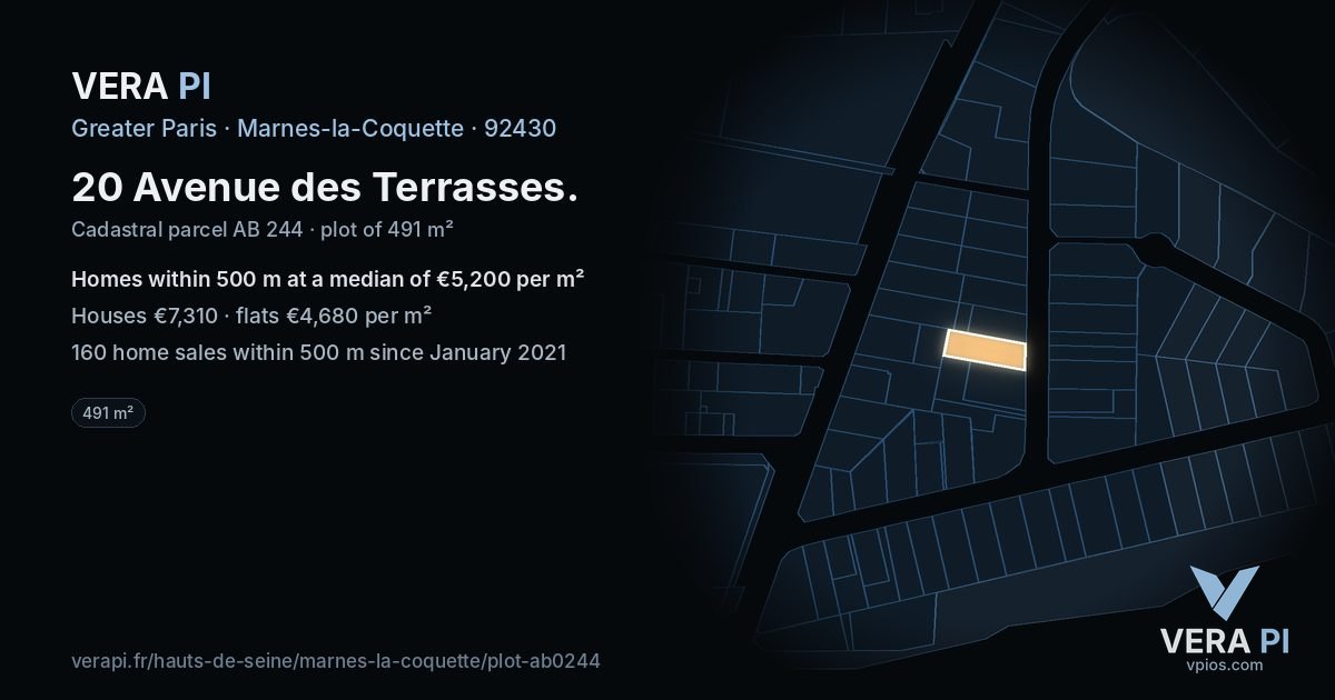 20 Avenue des Terrasses, Marnes-la-Coquette at night – the plot lit, the parcels around coloured by the prices near them