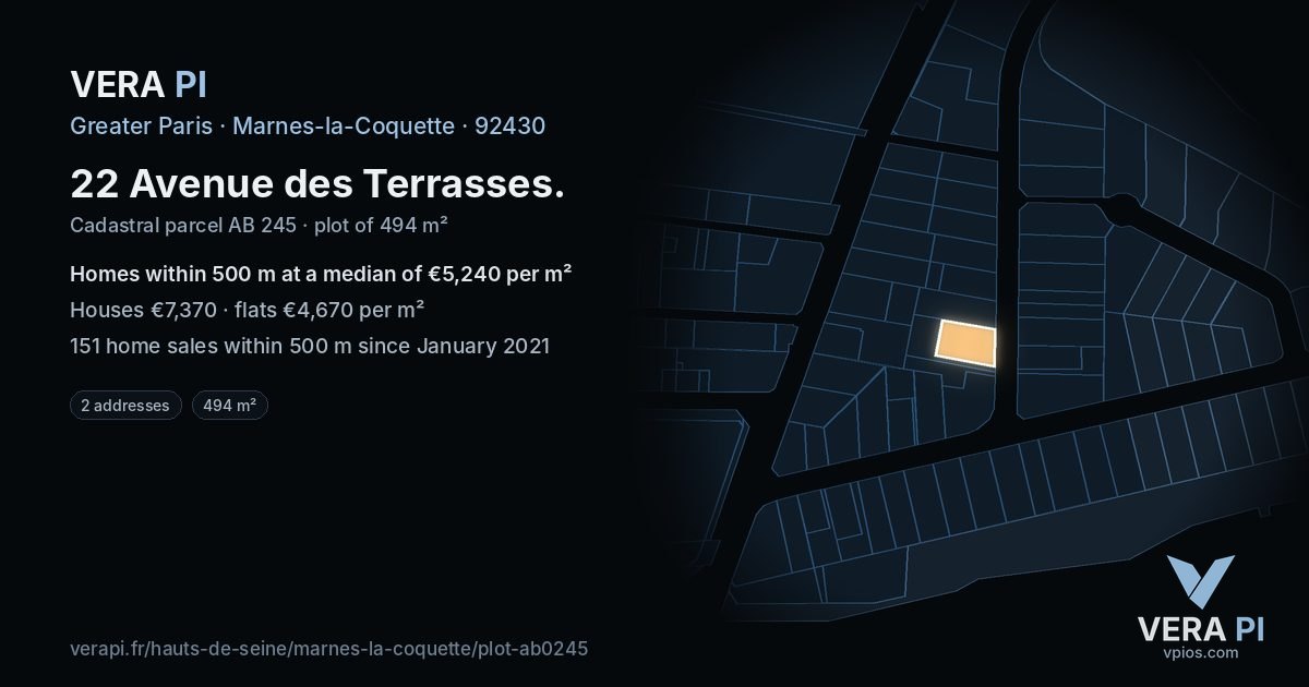 22 Avenue des Terrasses, Marnes-la-Coquette at night – the plot lit, the parcels around coloured by the prices near them