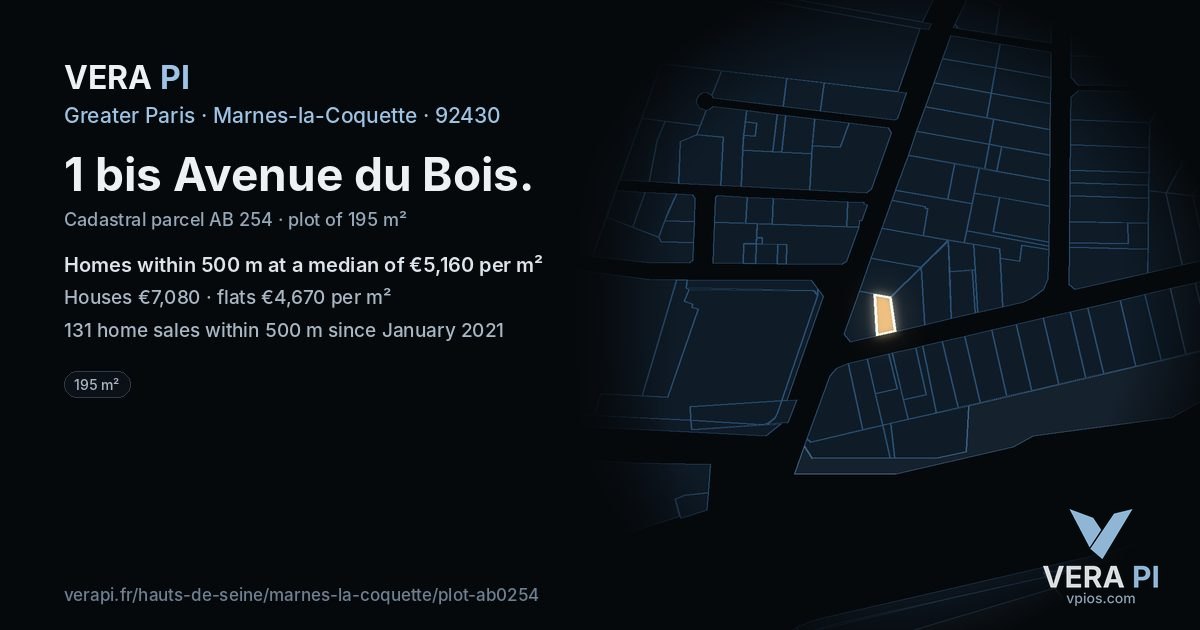1 bis Avenue du Bois, Marnes-la-Coquette at night – the plot lit, the parcels around coloured by the prices near them