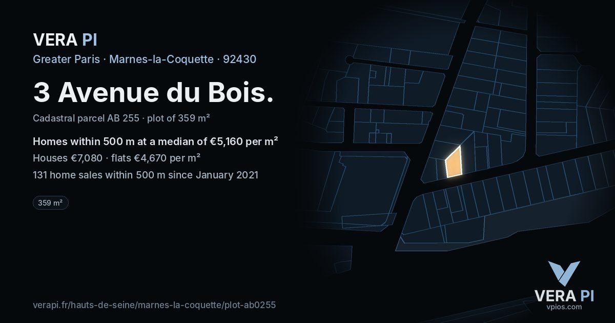 3 Avenue du Bois, Marnes-la-Coquette at night – the plot lit, the parcels around coloured by the prices near them