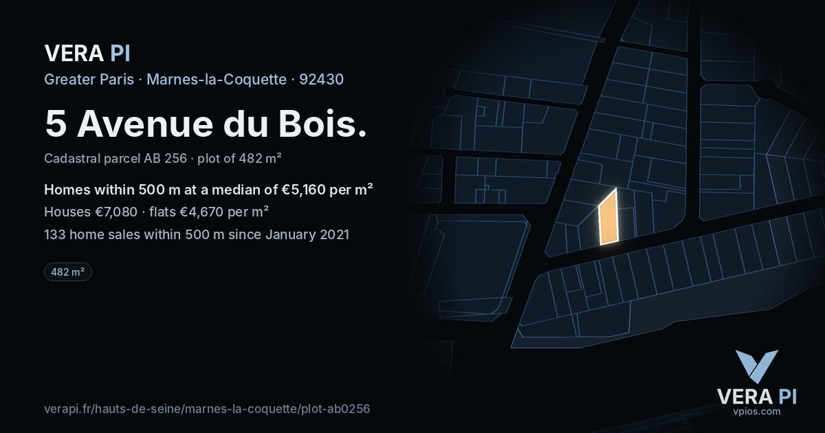 5 Avenue du Bois, Marnes-la-Coquette at night – the plot lit, the parcels around coloured by the prices near them
