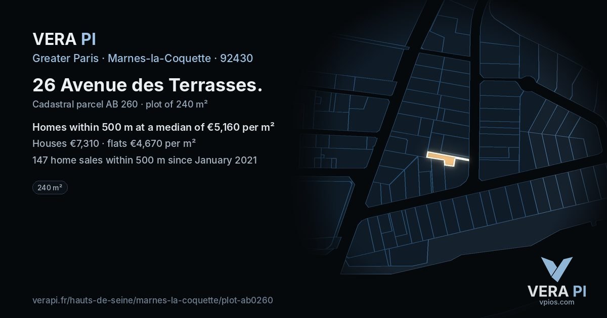 26 Avenue des Terrasses, Marnes-la-Coquette at night – the plot lit, the parcels around coloured by the prices near them