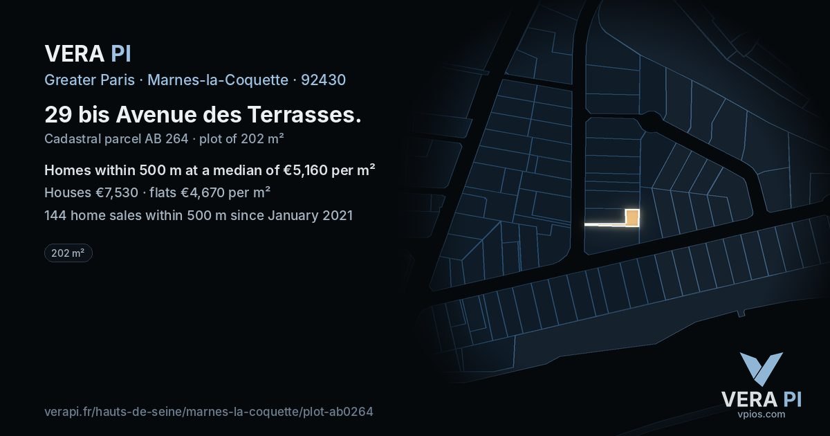 29 bis Avenue des Terrasses, Marnes-la-Coquette at night – the plot lit, the parcels around coloured by the prices near them