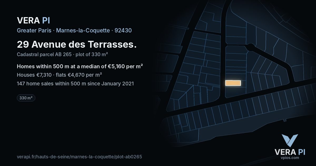 29 Avenue des Terrasses, Marnes-la-Coquette at night – the plot lit, the parcels around coloured by the prices near them