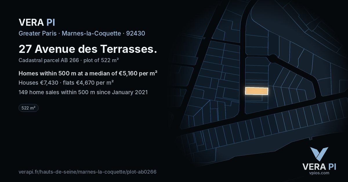 27 Avenue des Terrasses, Marnes-la-Coquette at night – the plot lit, the parcels around coloured by the prices near them