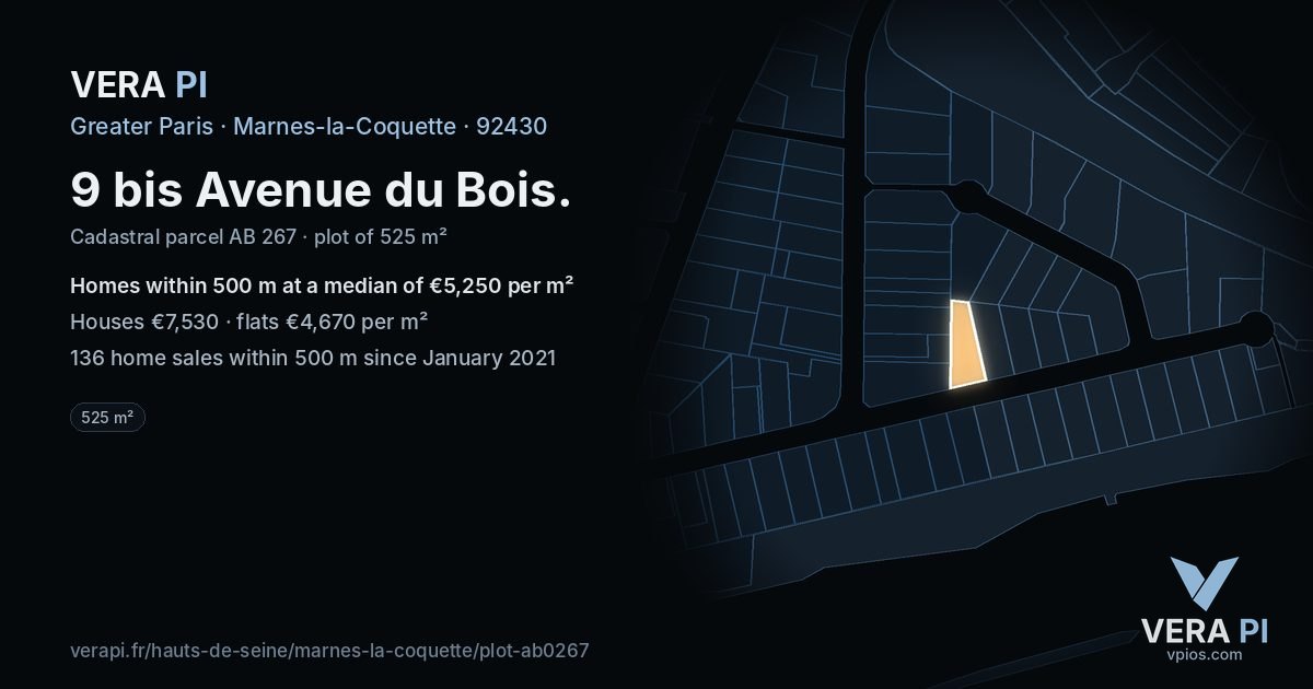 9 bis Avenue du Bois, Marnes-la-Coquette at night – the plot lit, the parcels around coloured by the prices near them