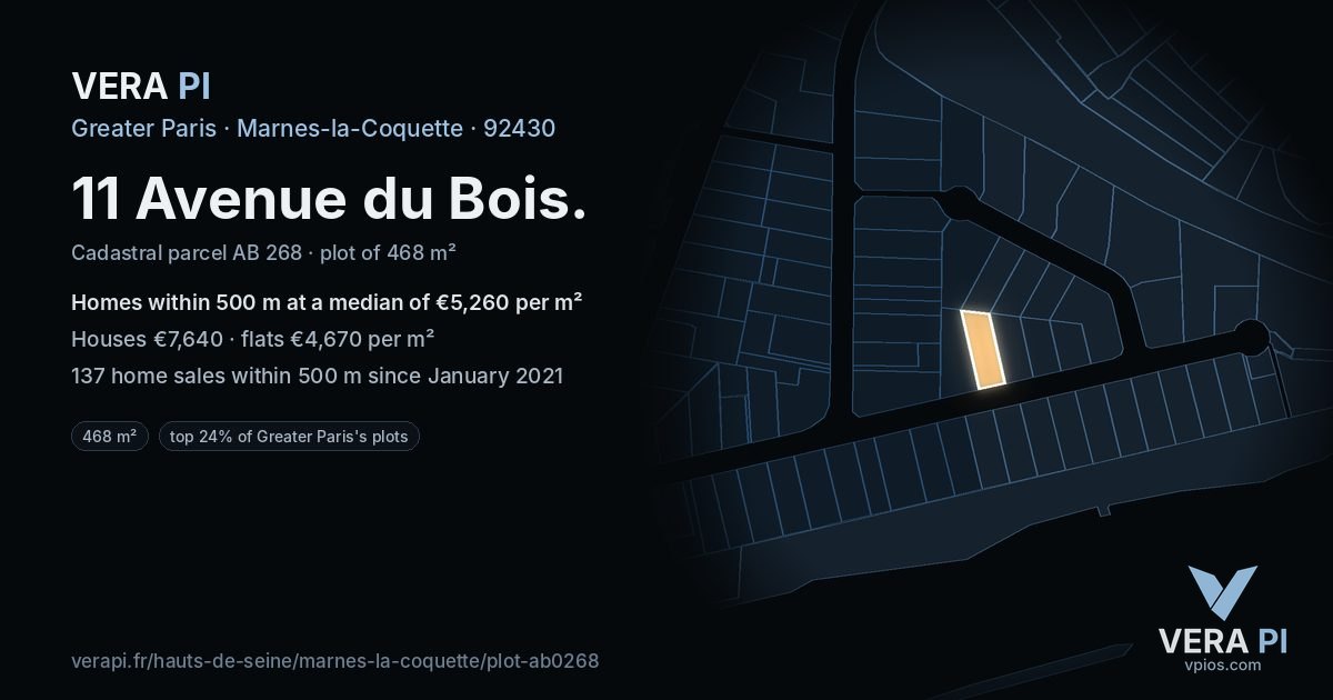 11 Avenue du Bois, Marnes-la-Coquette at night – the plot lit, the parcels around coloured by the prices near them
