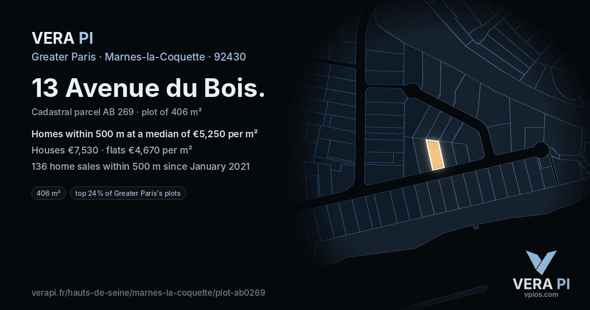 13 Avenue du Bois, Marnes-la-Coquette at night – the plot lit, the parcels around coloured by the prices near them