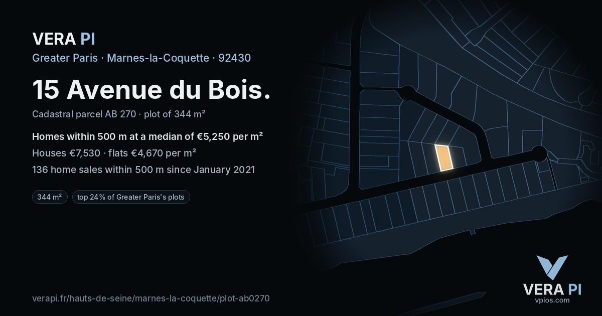 15 Avenue du Bois, Marnes-la-Coquette at night – the plot lit, the parcels around coloured by the prices near them
