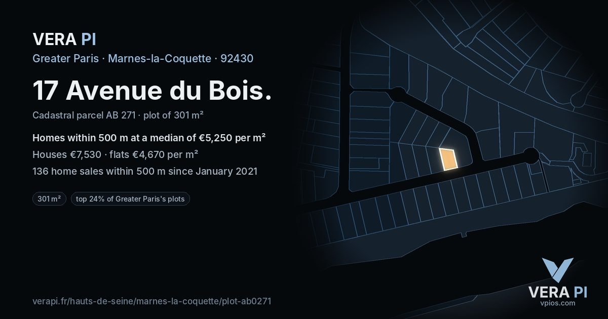 17 Avenue du Bois, Marnes-la-Coquette at night – the plot lit, the parcels around coloured by the prices near them