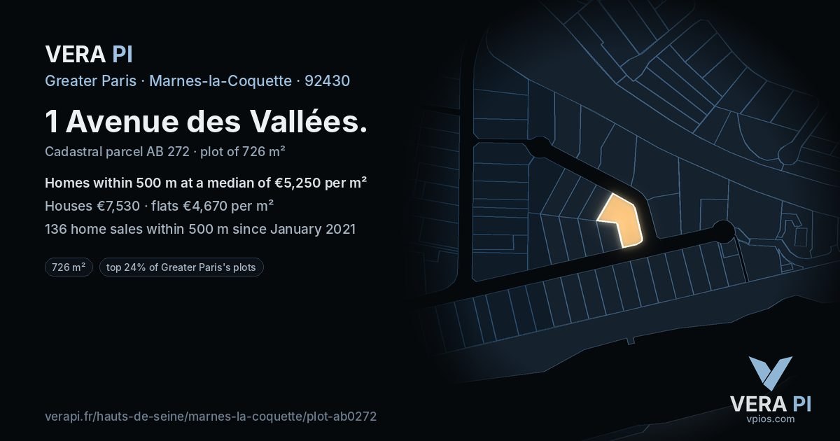 1 Avenue des Vallées, Marnes-la-Coquette at night – the plot lit, the parcels around coloured by the prices near them