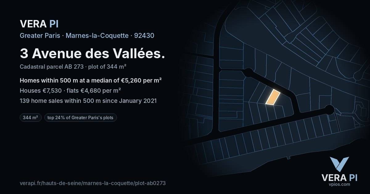3 Avenue des Vallées, Marnes-la-Coquette at night – the plot lit, the parcels around coloured by the prices near them