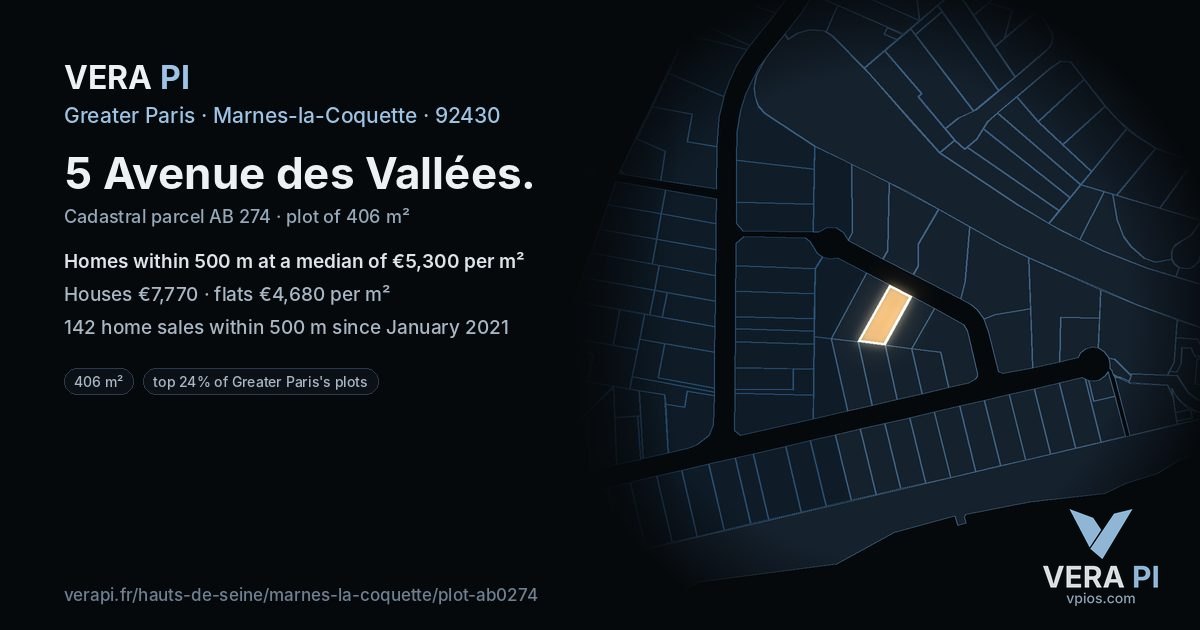5 Avenue des Vallées, Marnes-la-Coquette at night – the plot lit, the parcels around coloured by the prices near them