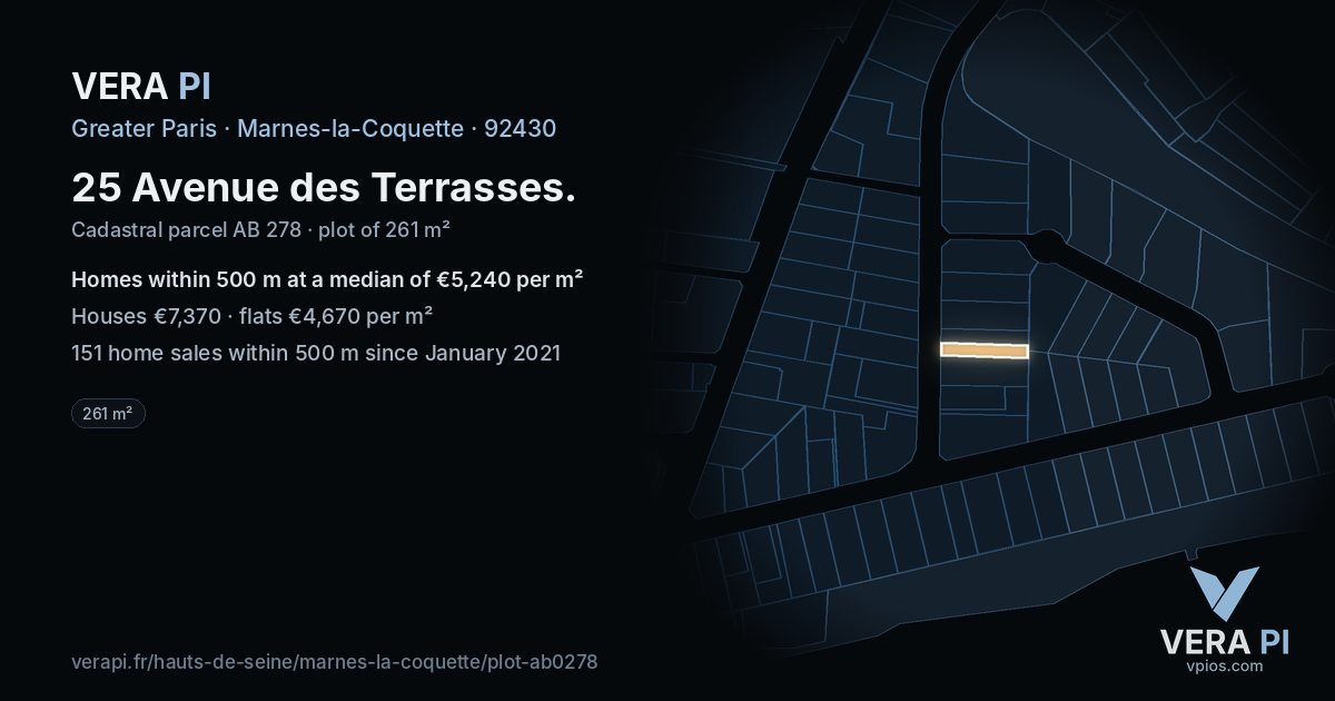 25 Avenue des Terrasses, Marnes-la-Coquette at night – the plot lit, the parcels around coloured by the prices near them