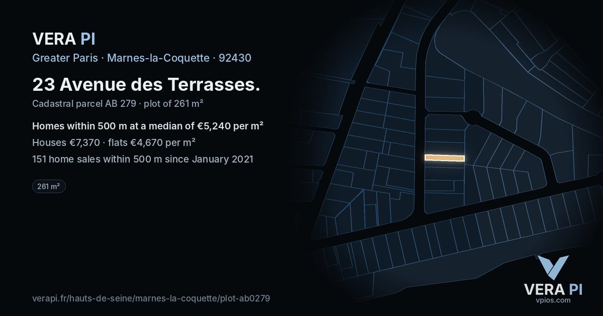 23 Avenue des Terrasses, Marnes-la-Coquette at night – the plot lit, the parcels around coloured by the prices near them