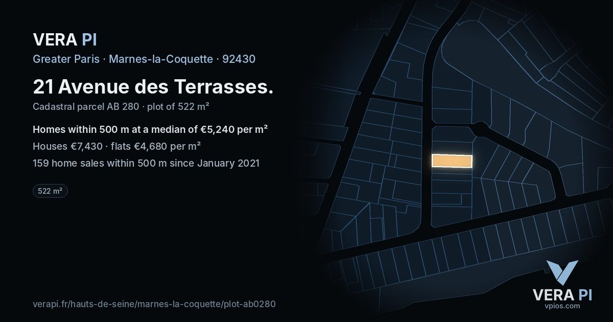 21 Avenue des Terrasses, Marnes-la-Coquette at night – the plot lit, the parcels around coloured by the prices near them