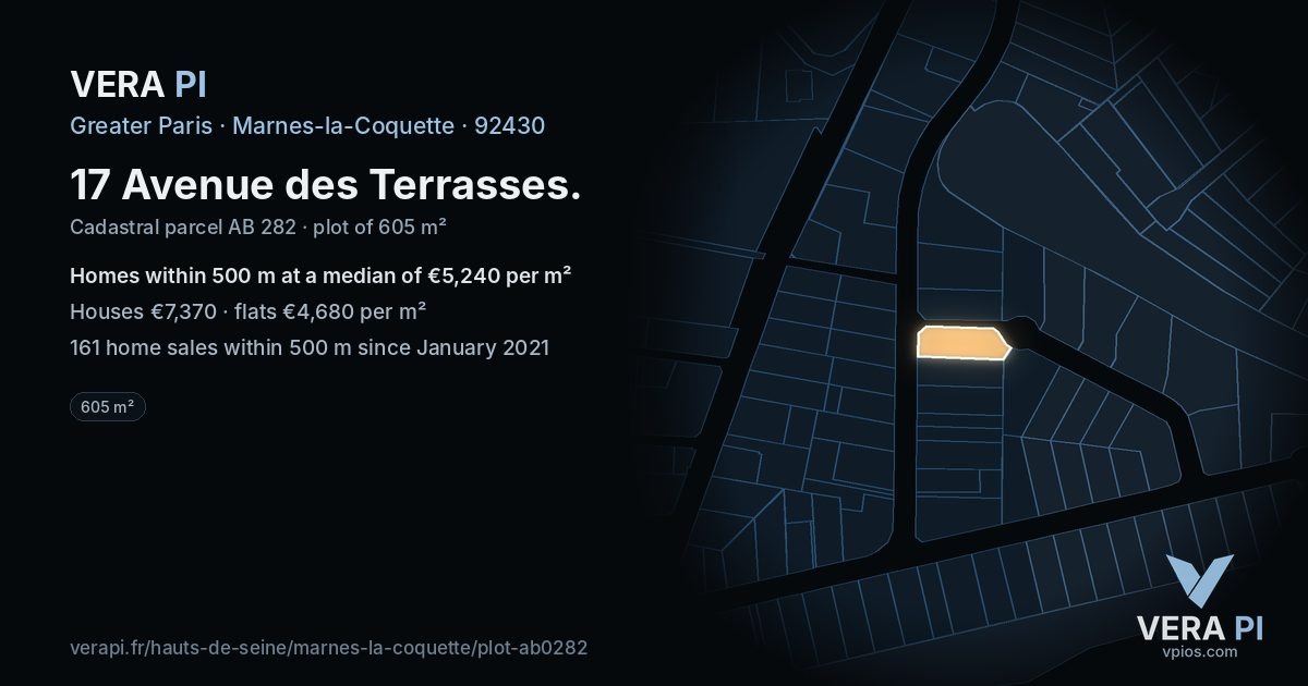 17 Avenue des Terrasses, Marnes-la-Coquette at night – the plot lit, the parcels around coloured by the prices near them
