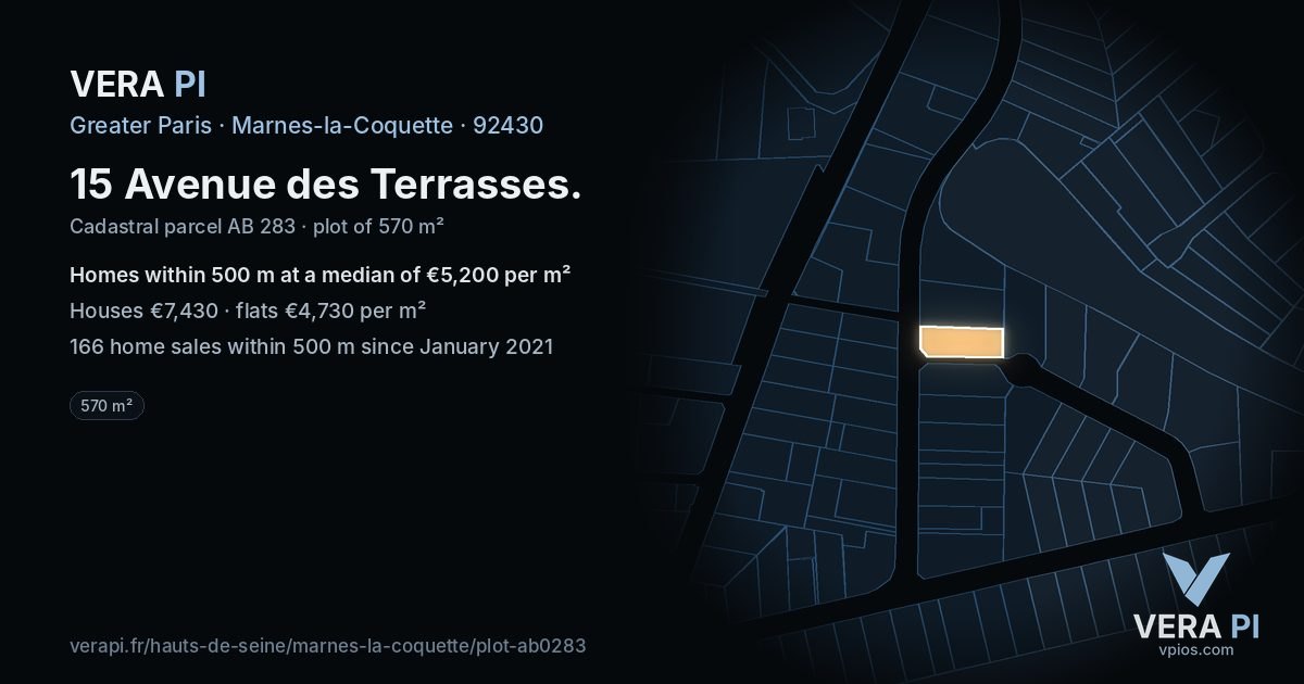 15 Avenue des Terrasses, Marnes-la-Coquette at night – the plot lit, the parcels around coloured by the prices near them