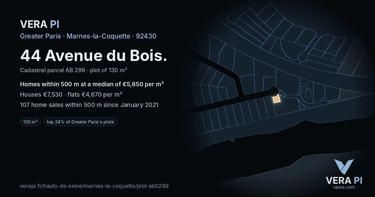 44 Avenue du Bois, Marnes-la-Coquette at night – the plot lit, the parcels around coloured by the prices near them