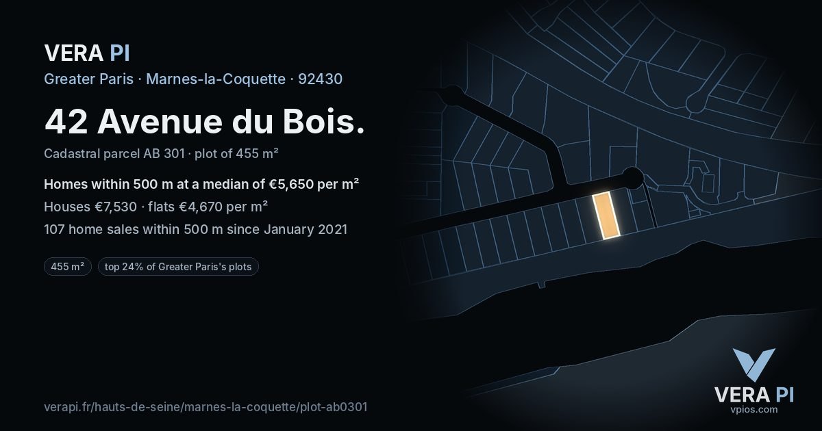 42 Avenue du Bois, Marnes-la-Coquette at night – the plot lit, the parcels around coloured by the prices near them