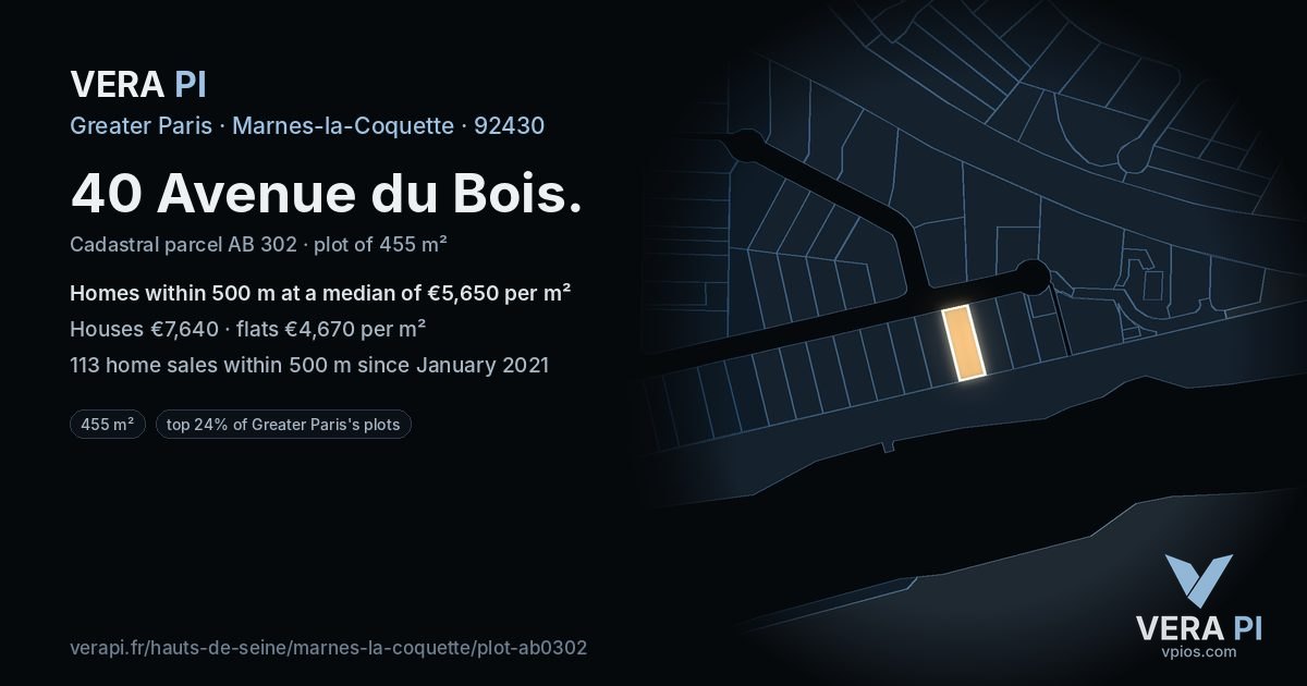 40 Avenue du Bois, Marnes-la-Coquette at night – the plot lit, the parcels around coloured by the prices near them
