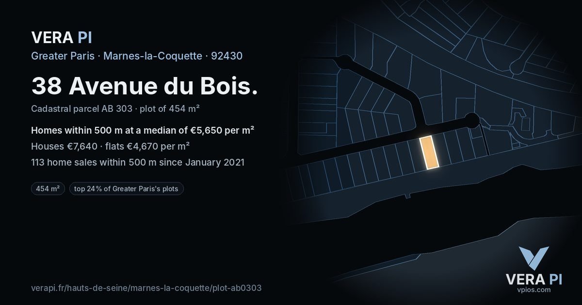 38 Avenue du Bois, Marnes-la-Coquette at night – the plot lit, the parcels around coloured by the prices near them