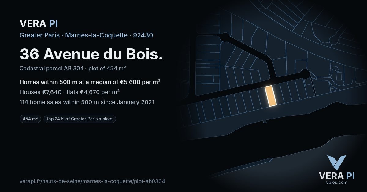 36 Avenue du Bois, Marnes-la-Coquette at night – the plot lit, the parcels around coloured by the prices near them