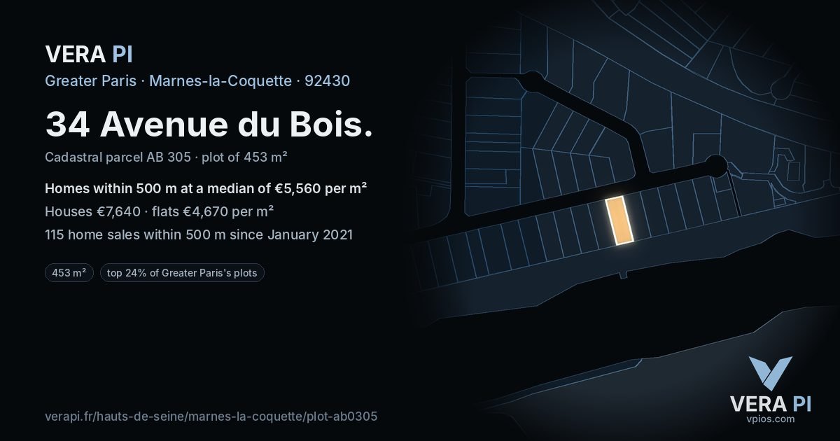 34 Avenue du Bois, Marnes-la-Coquette at night – the plot lit, the parcels around coloured by the prices near them
