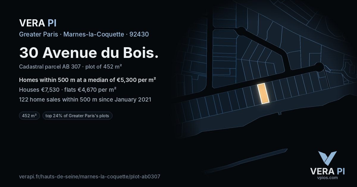 30 Avenue du Bois, Marnes-la-Coquette at night – the plot lit, the parcels around coloured by the prices near them